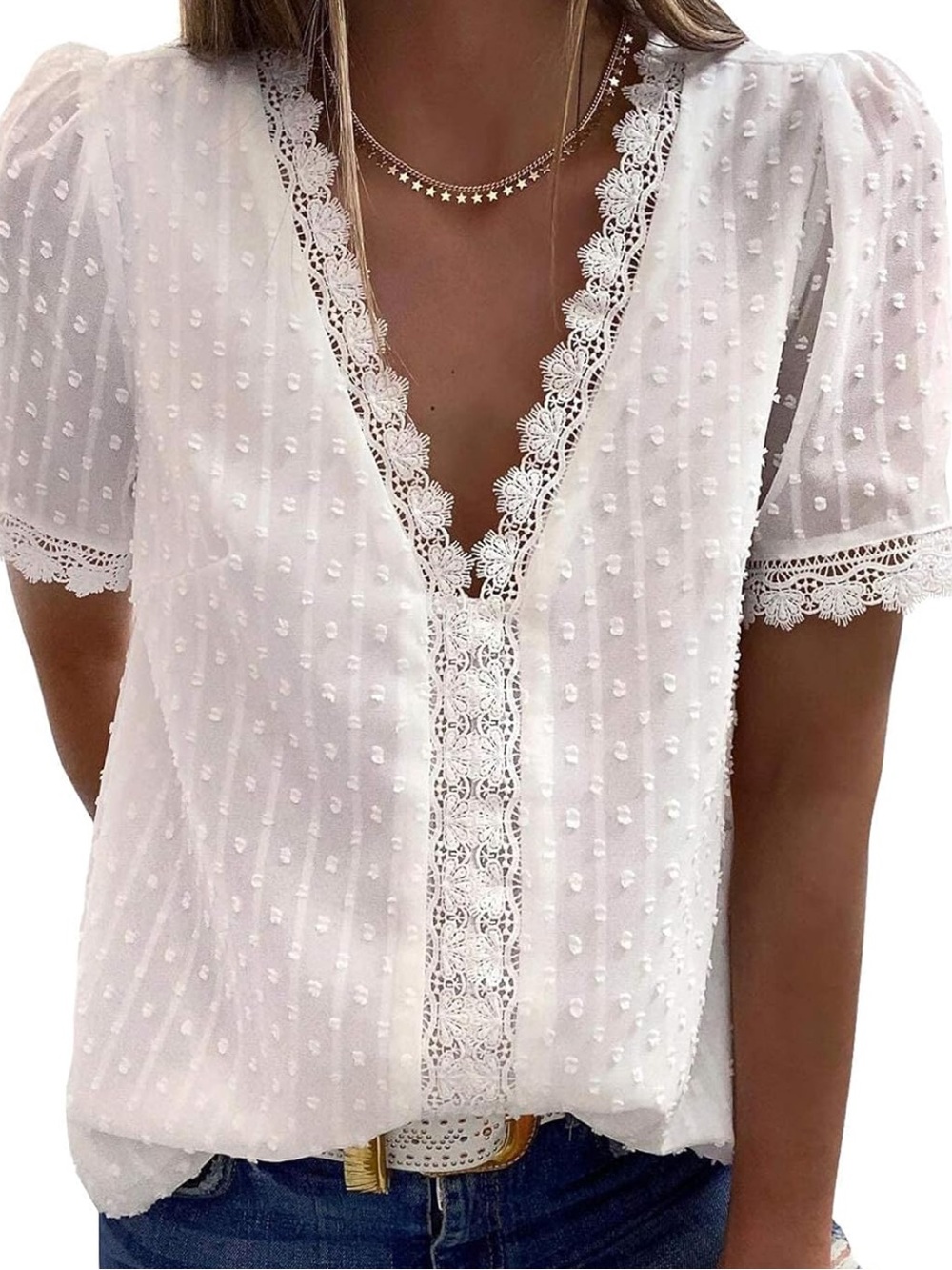 NWOT Women's White Lace Trim Swiss Dot Blouse